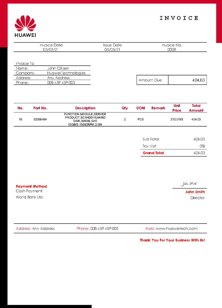 USA Huawei invoice template PSD template